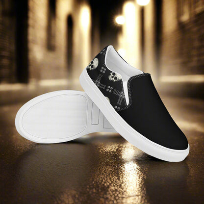 Women’s Custom Slip-on Canvas Shoes, Black Skull Print Sneakers, Two-Tone