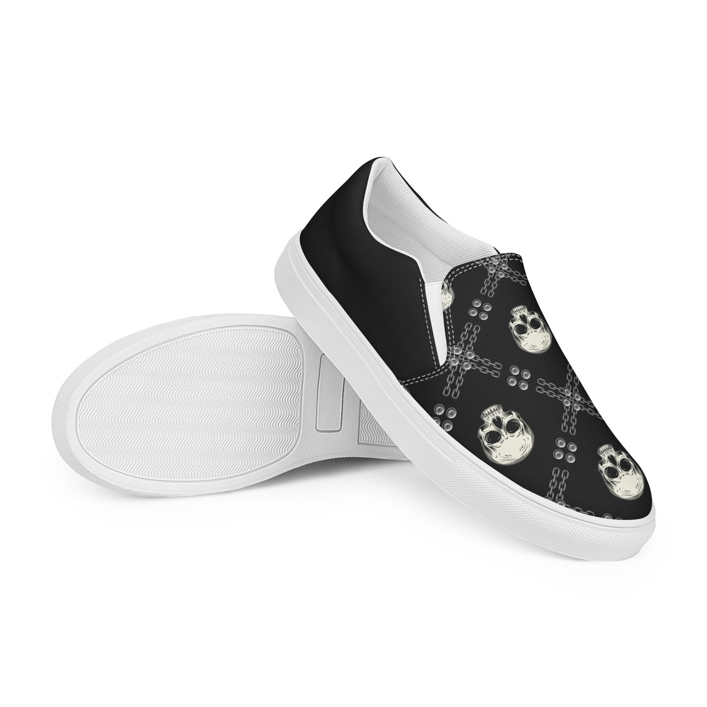 GeoMetro | Women’s Slip-On Canvas Shoes | Black Skulls Halftone