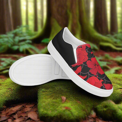 Women’s Custom Slip-on Canvas Shoes, Floral Print, Red Lily Pattern, Halftone