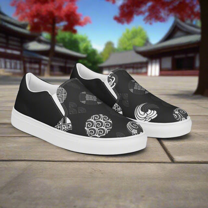 Women’s Custom Asian Print, Slip-on Canvas Shoes, Black with Japanese Seals, Two Tone Pattern