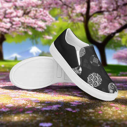 Women’s Custom Asian Print, Slip-on Canvas Shoes, Black with Japanese Seals, Two Tone Pattern