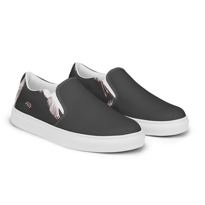 Women’s Custom Slip-on Canvas Shoes, Black with White Cranes, Asian Animal Print, Two-Tone