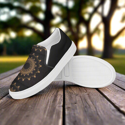 Women’s Custom, Slip-on, Canvas Shoes, Moroccan Mandala Pattern, Two Tone Halftone Design