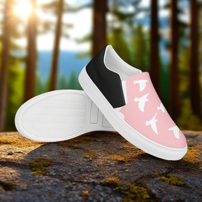 Women’s Custom Slip-on Animal Print Canvas Shoes, White birds on Pink, Halftone 