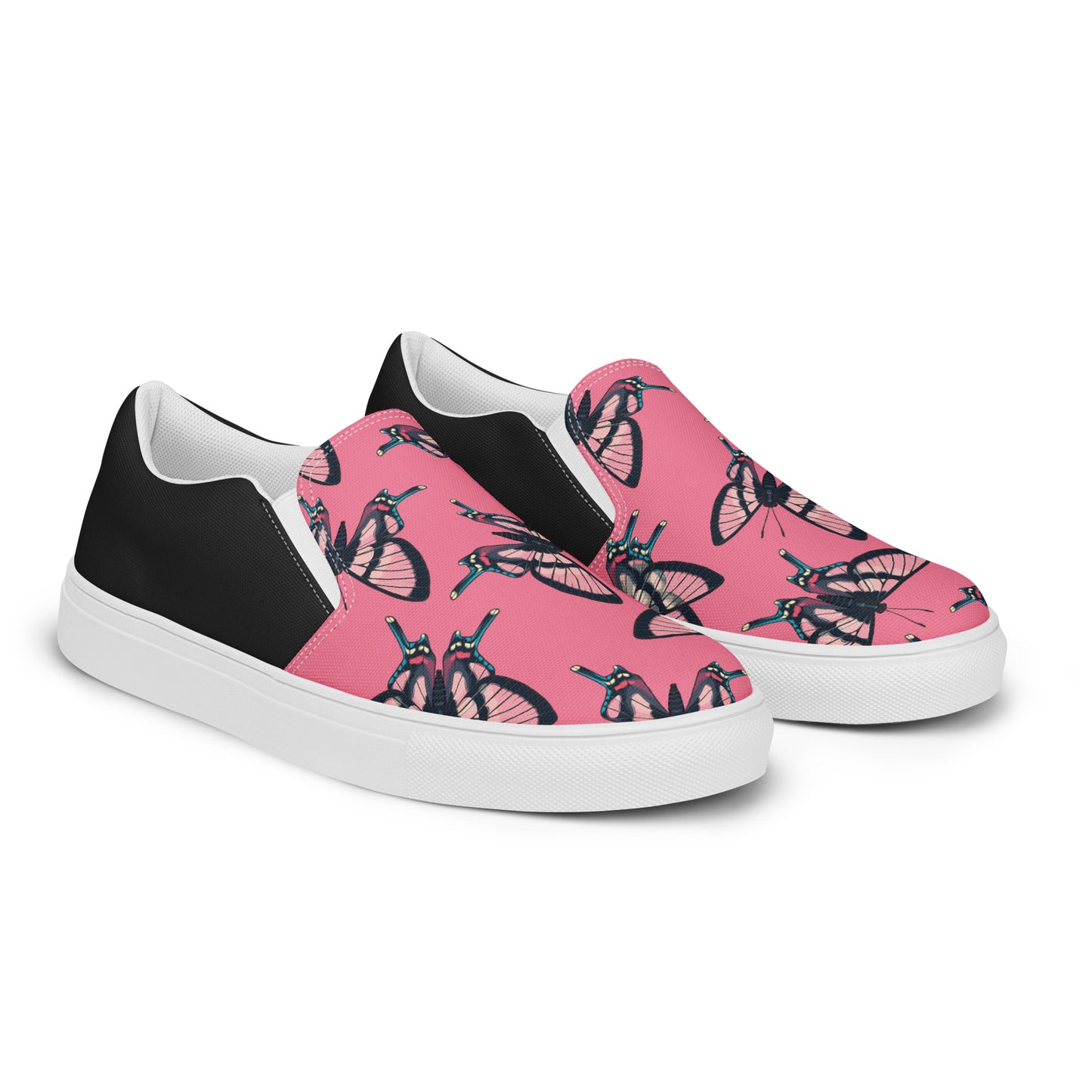 Eden Garden | Women’s Slip-on Canvas Shoes | Pink Black Butterflies Halftone