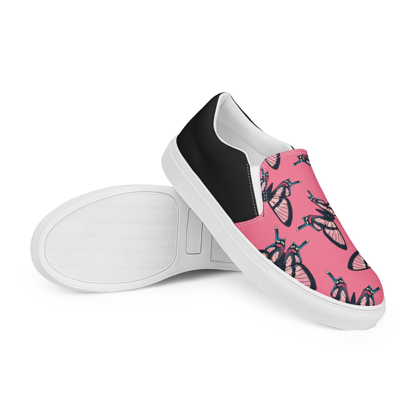 Eden Garden | Women’s Slip-on Canvas Shoes | Pink Black Butterflies Halftone