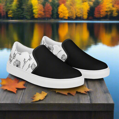 Women’s White Poppy Floral Print Slip-on Canvas Shoes Two-Tone