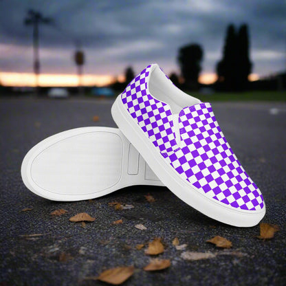 Women’s Custom Slip-On Canvas Shoes Purple and White Checkerboard Pattern