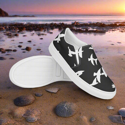 Women’s Black Slip-on Canvas Shoes with White Birds Animal Print