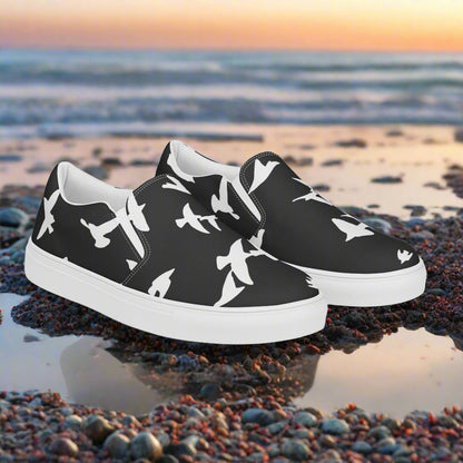 Women’s Black Slip-on Canvas Shoes with White Birds Animal Print