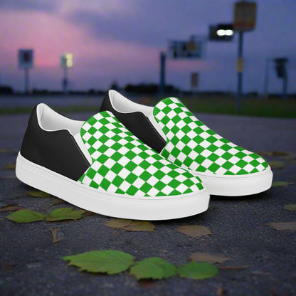 Women’s Slip-On Canvas Sneakers Green and White Checkered Halftone