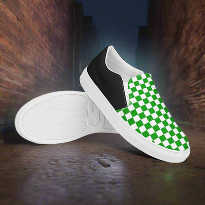 Women’s Slip-On Canvas Sneakers Green and White Checkered Halftone