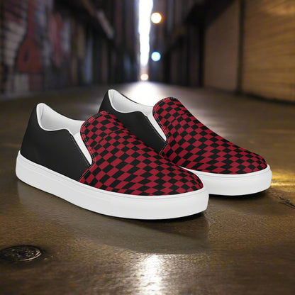 Women’s Custom Slip-On Canvas Shoes Black and Red Checkered Print - Halftone Pattern