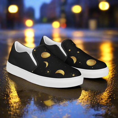 Women’s Custom Slip-on Canvas Sneakers Moon and Stars Print Halftone