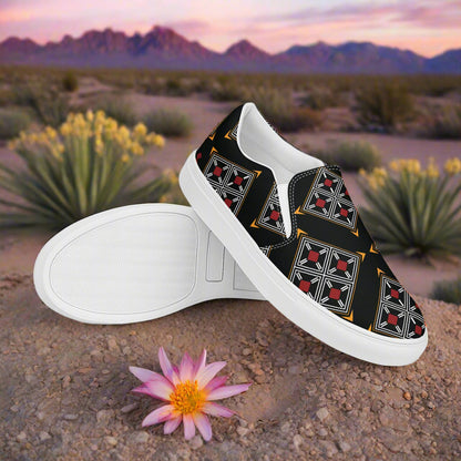 Southwest Print Women’s Slip-on Canvas Shoes Black, Silver and Red Geometric Pattern
