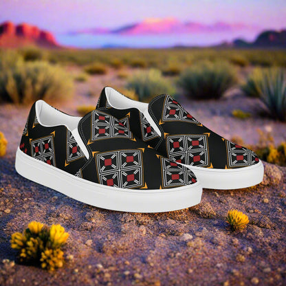 Southwest Print Women’s Slip-on Canvas Shoes Black, Silver and Red Geometric Pattern