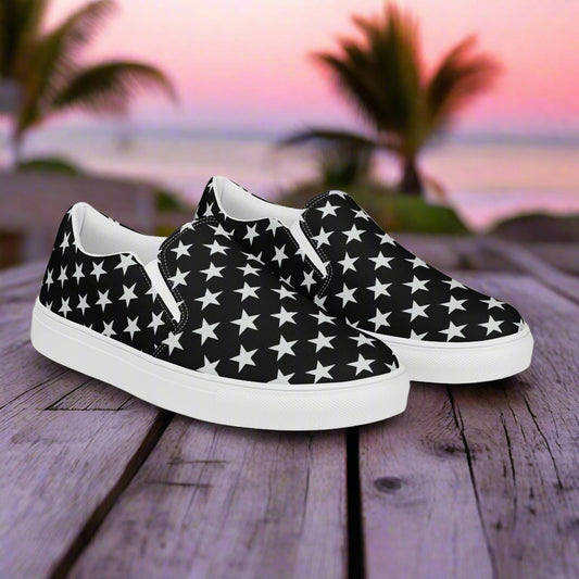 Women’s Custrom Slip-On Canvas Sneakers Black with White Star Pattern 