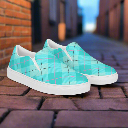 Women’s Light Green Plaid Slip-On Canvas Sneakers