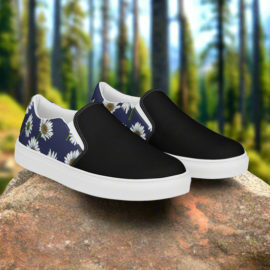 Women’s Custom Slip-on Canvas Sneakers Floral Print White Daisy on Navy Blue two tone