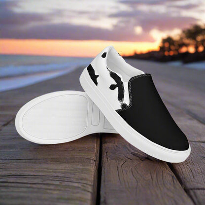 Women's Custom Slip-On Canvas Sneakers White With Black Ravens Animal Print Two Tone