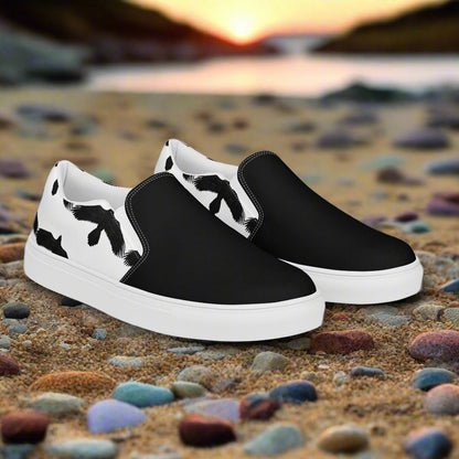 Women's Custom Slip-On Canvas Sneakers White With Black Ravens Animal Print Two Tone