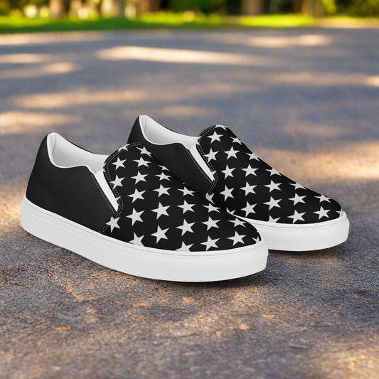 Custom Black with White Stars Women’s Slip-On Canvas Shoes Two Tone