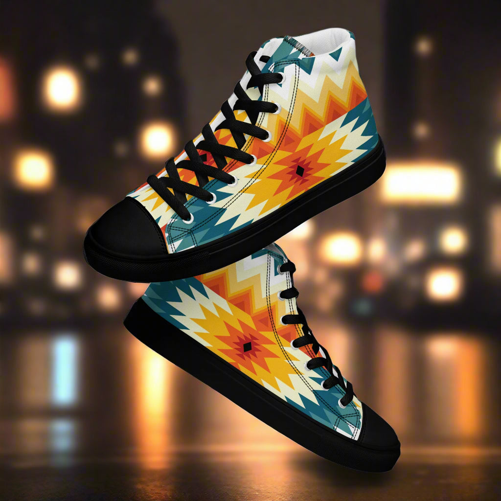 Womens Southwest Pattern high top canvas sneakers with vibrant colors and black laces for stylish comfort