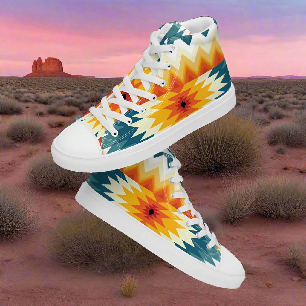 Womens Southwest Pattern high top canvas sneakers with vibrant colors and stylish design for casual wear