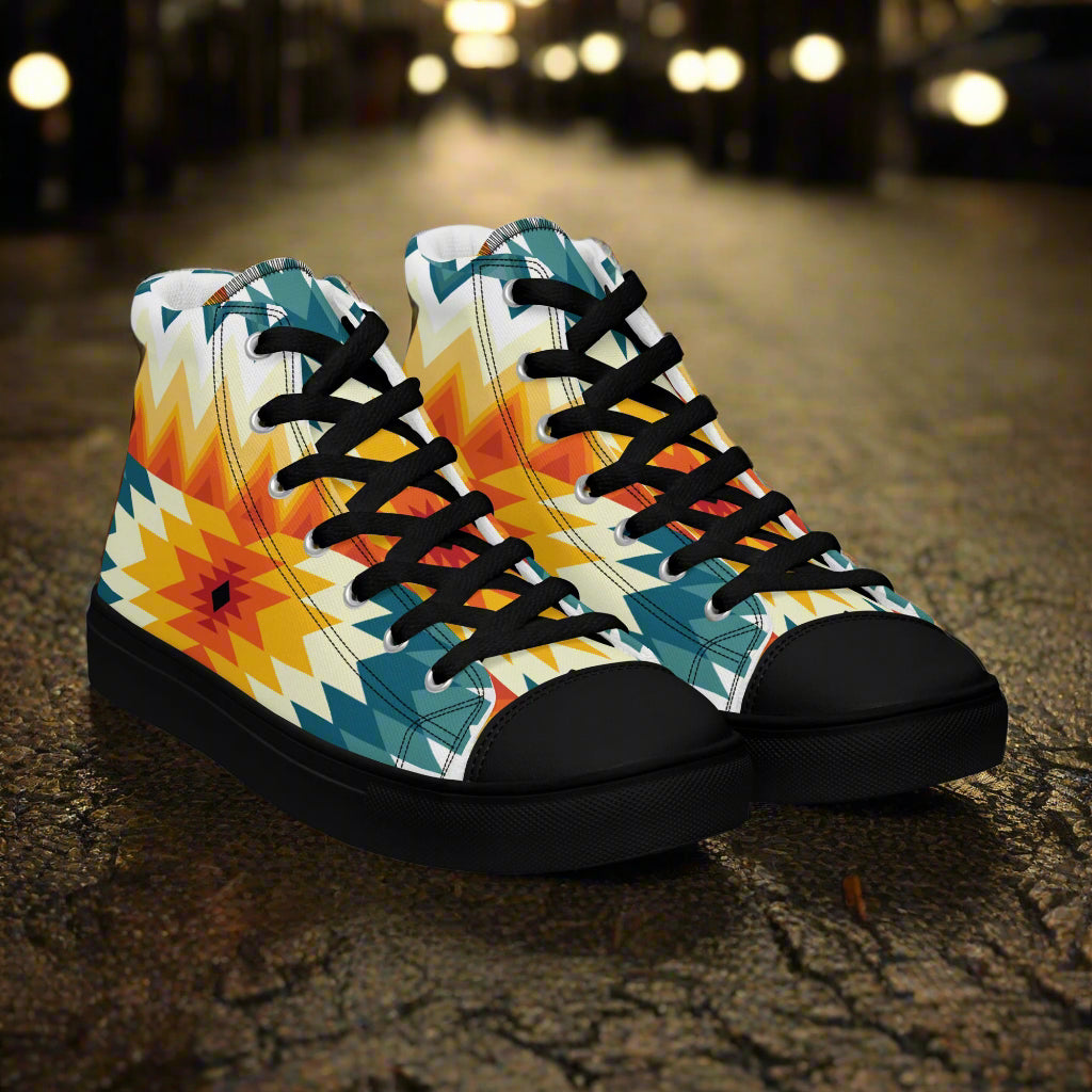womens Southwest Pattern high top canvas sneakers with vibrant colors and black soles for casual style
