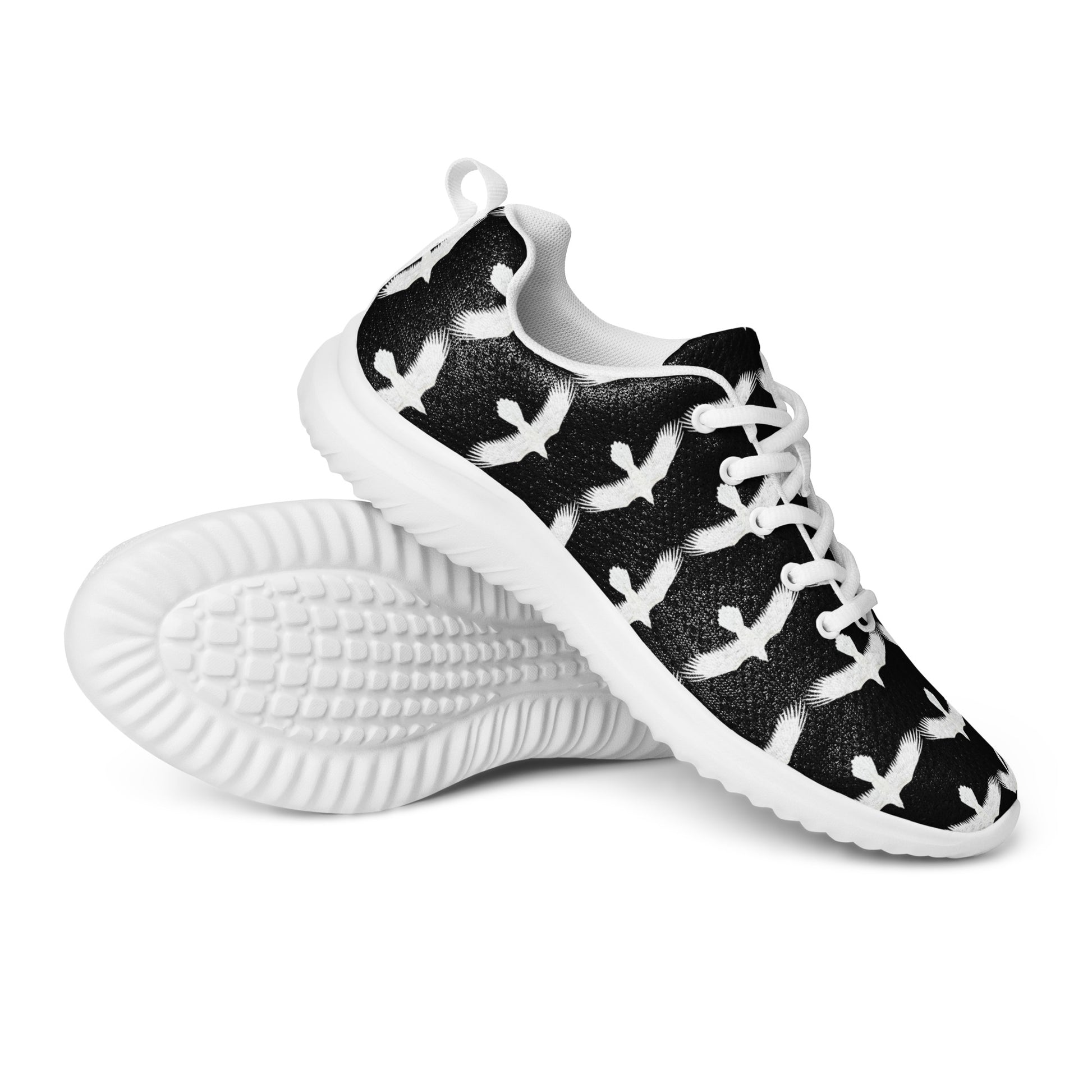 WildSage Market womrns white raven athletic shoes with black and white bird pattern and white sole