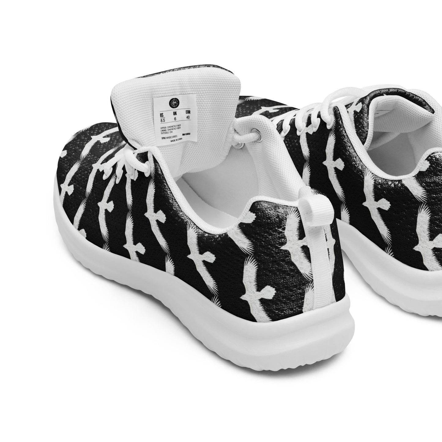 WildSage Market womrns white raven athletic shoes with black and white bird design on lightweight soles