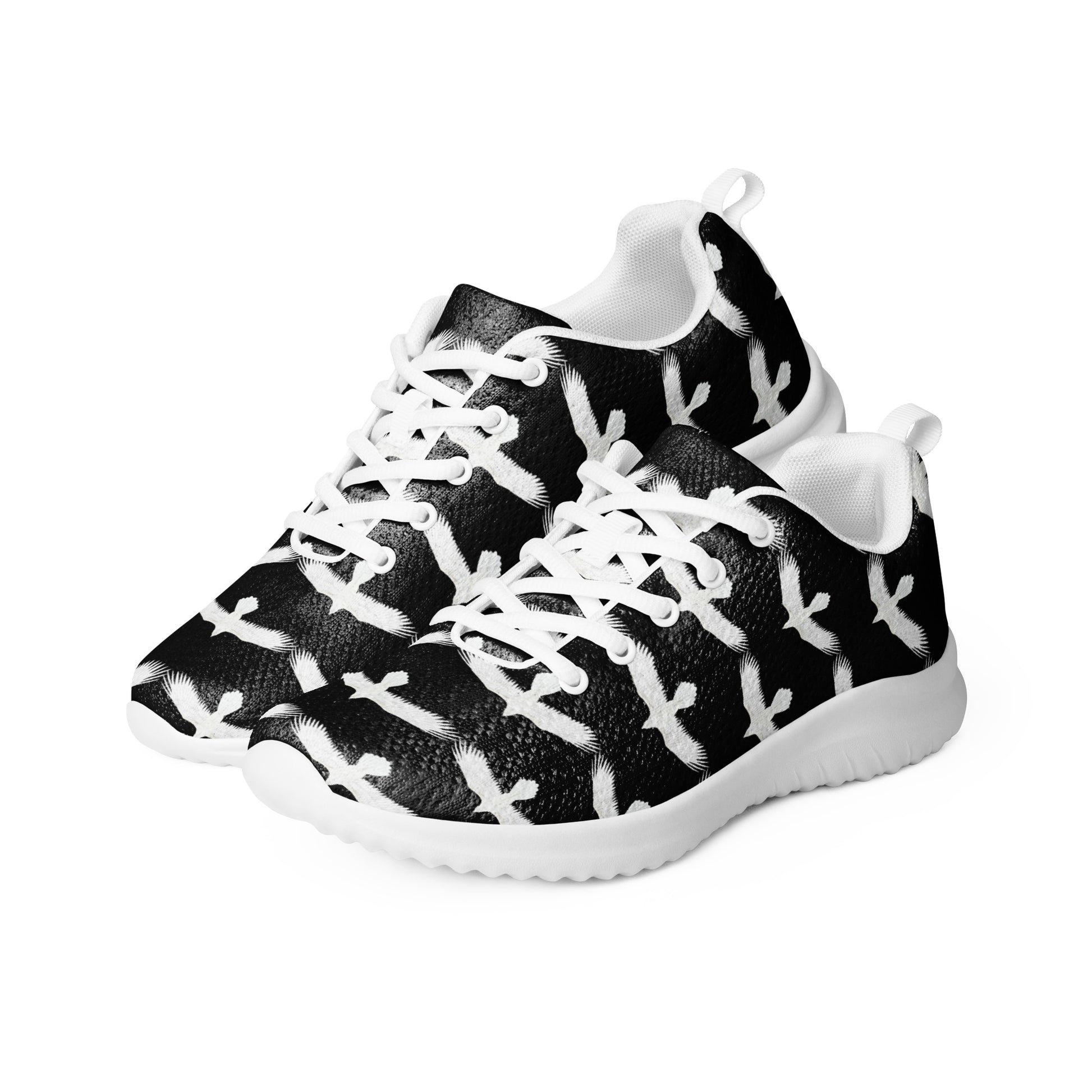 WildSage Market womrns white raven athletic shoes with black and white bird pattern and white soles