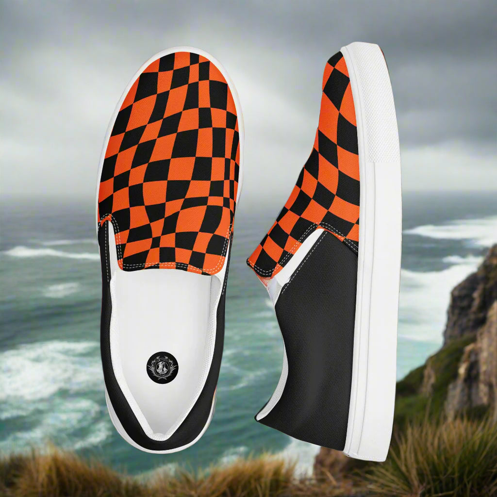 Wonderland Orange Chex Halftone Slip-On Canvas Shoes featuring a bold checkerboard pattern