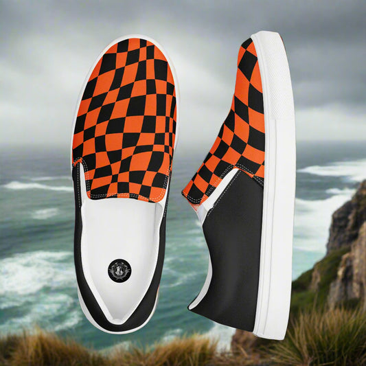 Wonderland Orange Chex Halftone Slip-On Canvas Shoes featuring a bold checkerboard pattern