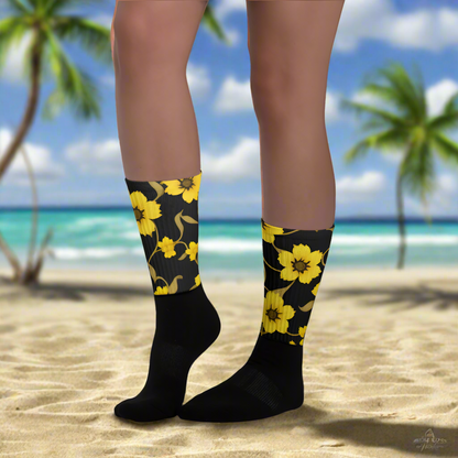 Yellow Bloom Unisex Black Bottom Socks featuring a floral design, perfect for beach outings and casual wear