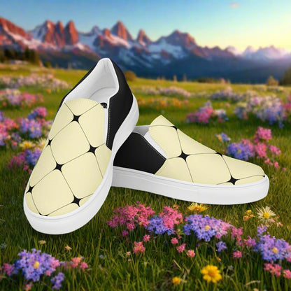 Yellow Diamond Halftone Slip-on Canvas Shoes featuring a vibrant design over a scenic floral backdrop