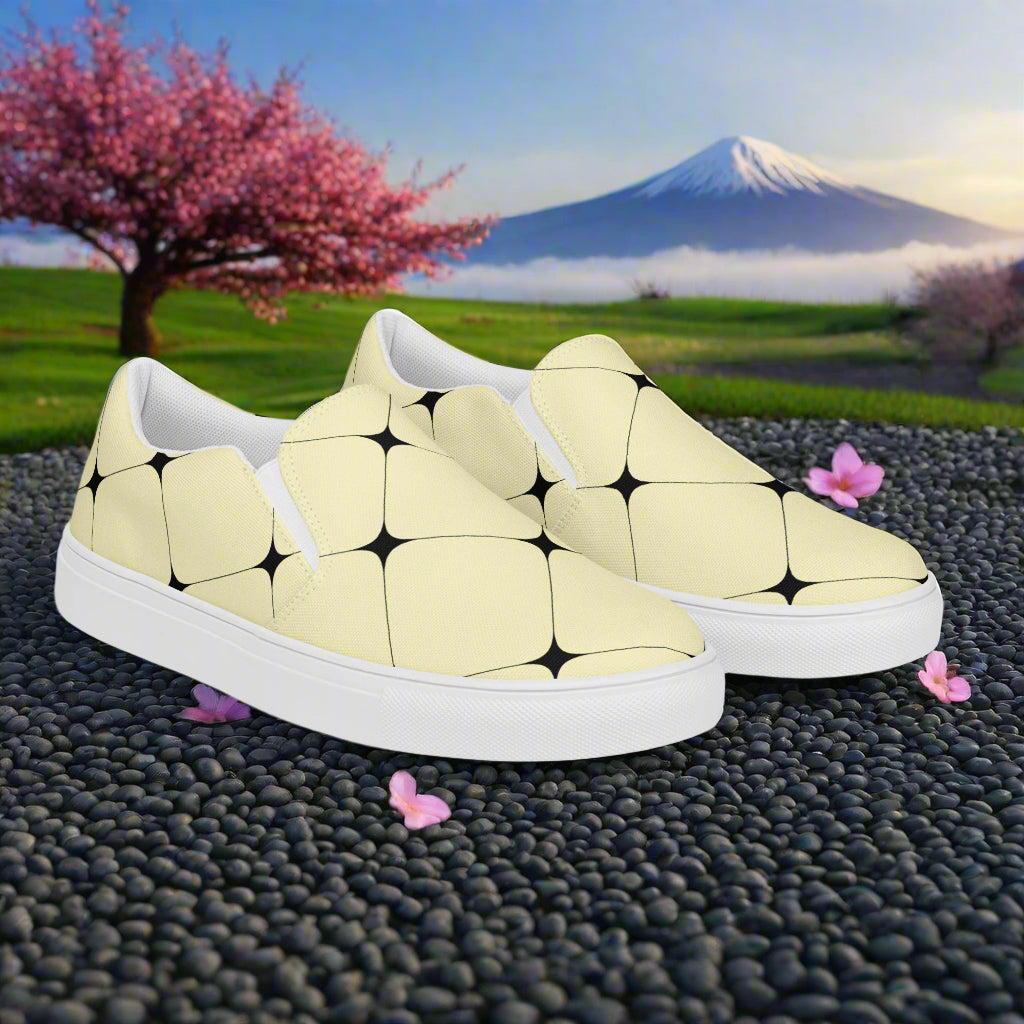 Yellow Diamond Slip-on Canvas Shoes with a unique design against a serene nature backdrop