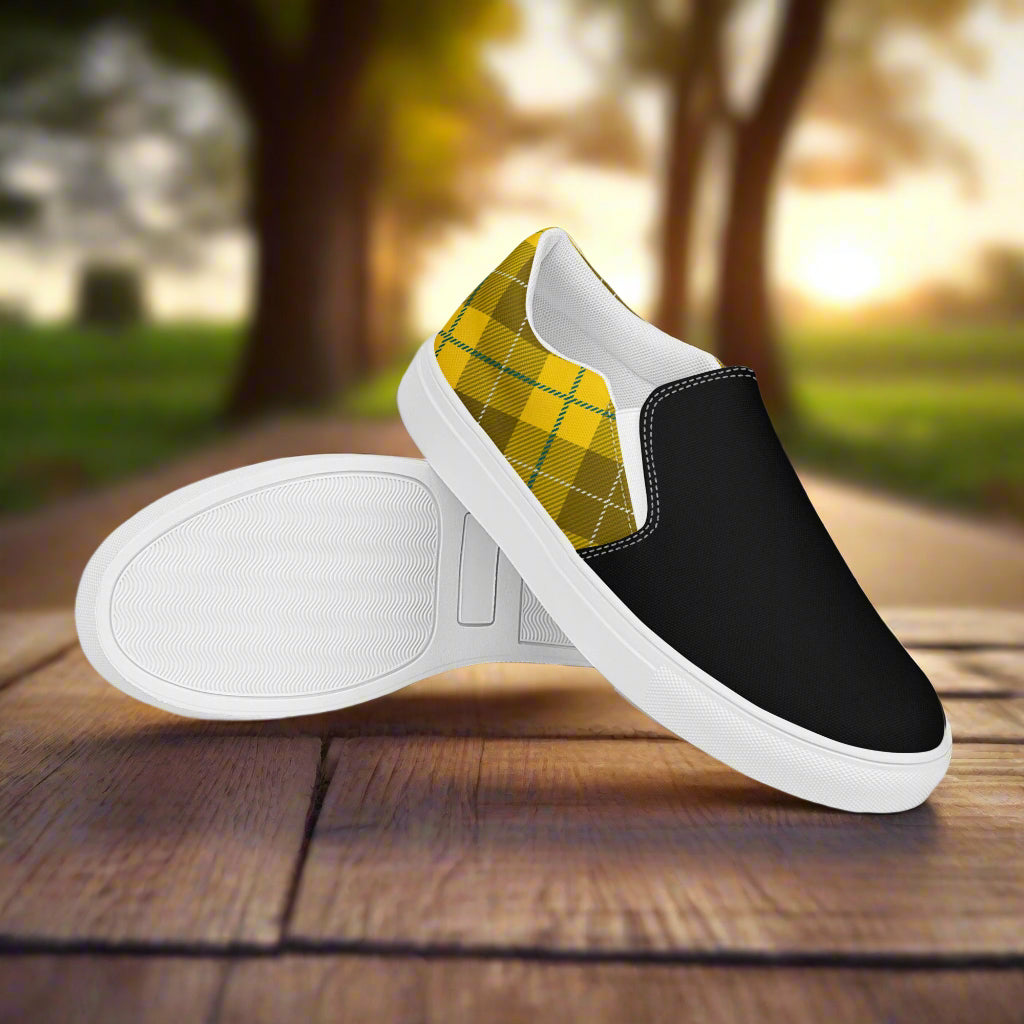 WildSage Market yellow plaid two tone shoes slip on shoes with white soles on wooden surface