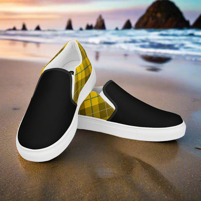 WildSage Market Yellow Plaid Two tone shoes slip on shoes with black front and yellow plaid back on beach