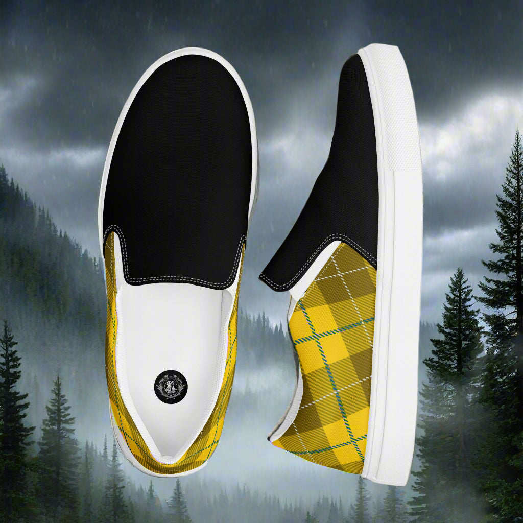 WildSage Market slip on shoes featuring Yellow Plaid Two tone shoes design with black and yellow plaid pattern