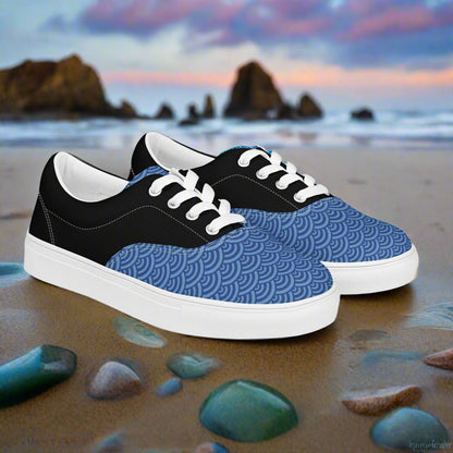 Custom Lace-up Canvas Shoes WildSage Market blue wave pattern toe black upper white laces on beach